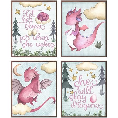 Silly Goose Gifts Let Her Sleep - Pink Dragon Themed Wall Art Prints (Set of 4) Hanging Picture Nursery Kids Room Decor 8x10in
