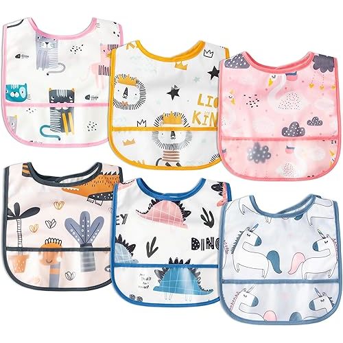 6Pcs Waterproof Toddler Bibs Baby Feeding Bib Set with Crumb Catcher Pocket, Adjustable Infant Baby Teething Bib, Babies Sleeveless Animals Food Bibs Keepsake Gift for Baby Shower, 6-24 Months