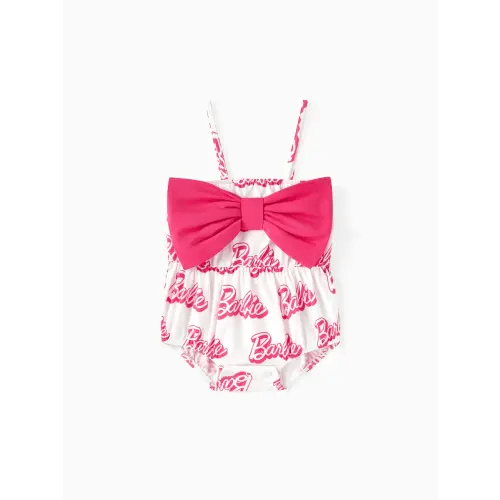 Barbie Baby Girls 1pc 95% Cotton Allover Letter Print Bow Front Cami Romper