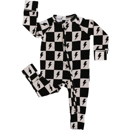 Charlie Lou Baby® Checkered Lightning Bolt Double Zipper Covertible Romper, 6-12M, Black