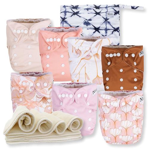 Nora's Nursery Cloth Diapers 7 Pack with 7 Inserts & 1 Wet Bag - Waterproof Cover, Washable, Reusable & One Size Adjustable Pocket Diapers for Newborns and Toddlers - Magnolia