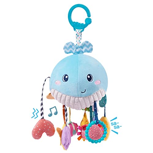 Jollybaby Plush Stuffed Activity Pull String Hanging Toys for Stroller Car Seat Crib or Gym, Montessori Sensory Carseat Toy for Baby 0-3-6-12-18 Months, Whale Toy for Infant Baby Boy Girl Gifts