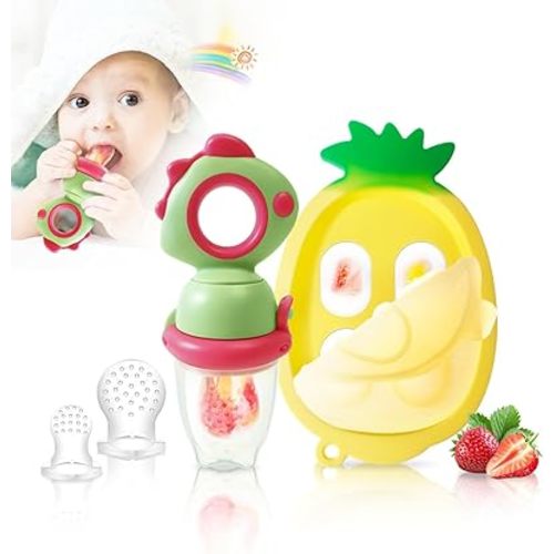 Baby Fruit Food Feeder - Silicone Nibble Tray Combo - Breastmilk Popsicle Mold for Cooling Relief, BPA Free Mesh Feeder for Infant Self Feeding (Dinosaur Green + Pineapple)
