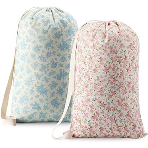 SATINIOR 2 Pcs Floral Laundry Bags 29" x 18" Pink Blue Canvas Travel Laundry Bags with Drawstring Shoulder Straps Washable Dirty Clothes Hamper Organizer for College Dorm Laundromat Apartment Camping