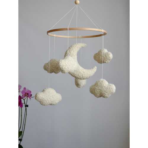 Clouds and Moon Boucle Baby mobile, Boucle baby mobile, Cloud nursery decor, Moon nursery mobile, Baby shower gift, Boucle mobile