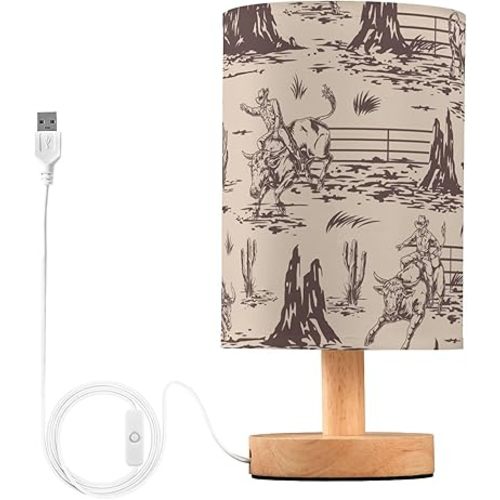 Bedside Lamp West Cactus Cowboy Table Lamp for Bedroom LED Nightstand Lamp Shade USB Ports Wood Base for Living Room Dorm Office