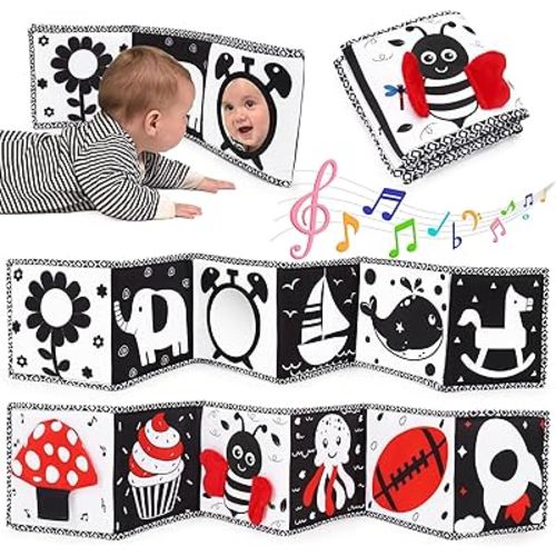 Black and White High Contrast Baby Toys 0-6-12 Months Soft Sensory Books Newborn Toys 0-3 Months Tummy Time Montessori Toys for Babies Brain Development Baby Essentials Infant Book Mirror Shower Gifts