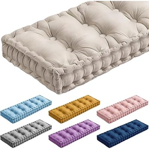 Bench Cushions for Indoor Furniture 36x14 in Velvet Kitchen Dining Piano Window Seat Cushion, Tufted Patio Porch Swing Thicken Bench Pad Memory Foam(Ivory White)