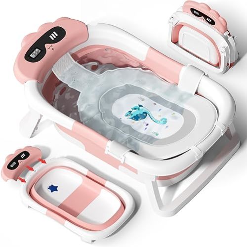 AVIDOR Baby Bathtub,Collapsible Bathtub for Newborn to Toddler,Durable Essential Infant Bath Tub,Portable Travel Baby Tub with Soft Bath Net,No-Slip Feet and Dinosaur Shaped (Pink)
