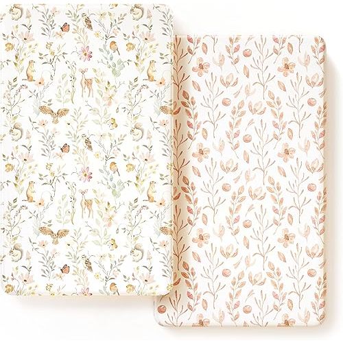 GRSSDER Jersey Knit Fitted Crib Sheets Set 2 Pack Fit All Standard Crib Mattress Beautiful Blush Pink Floral Cute Animals Print