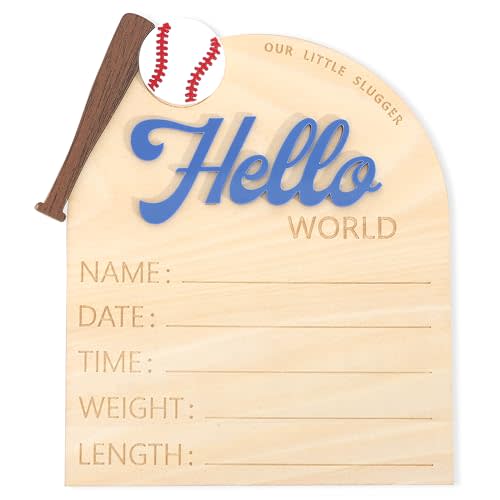 Baseball Hello World Bulletin Board - Newborn Birth Record Card Photo Props,Hospital Nursery Decorations,Baseball Birth Information Announcement Sign,Hello World Sports Milestone Wooden Board