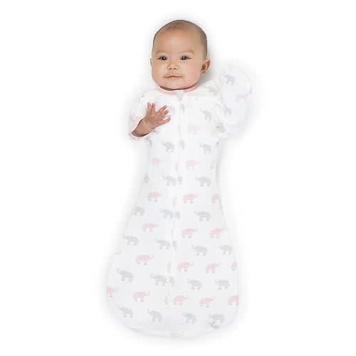 Amazing Baby Transitional Swaddle Sack, Arms Up Half-Length Sleeves & Mitten Cuffs, Swaddle for Newborn Transition to Baby Sleep Sack Wearable Blanket, Large, 6-9 mo, 21-24 lb, Pink Tiny Elephants