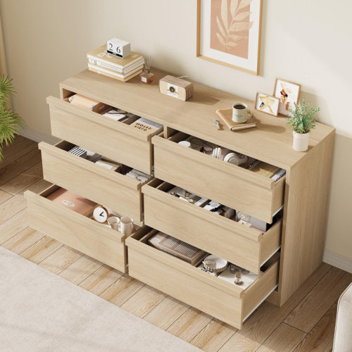Ebern Designs Modern 6 Drawer Dresser for Bedroom, Wide Natural Oak Wood Chest of Drawers with Large Storage, Sturdy Double Row Organizer for Nursery & Living Room | Wayfair