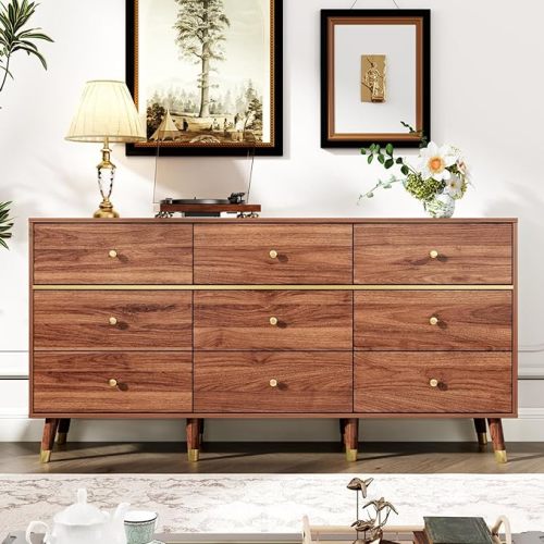9 Drawer Dresser,63" Wide Mid Century Modern Chest of Drawers,Wooden Bedroom Drawer Dresser with 9 Storage Drawers for Bedroom, Living Room,with Anti-Tipping Device,Chestnut