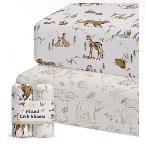 Crib Sheets Neutral - Fitted Baby Crib Sheets Bed for Girl Boy - 2 Pack Standard & Toddler Mattress - Buttery Soft Organic Cotton Blend (Magic Forest)