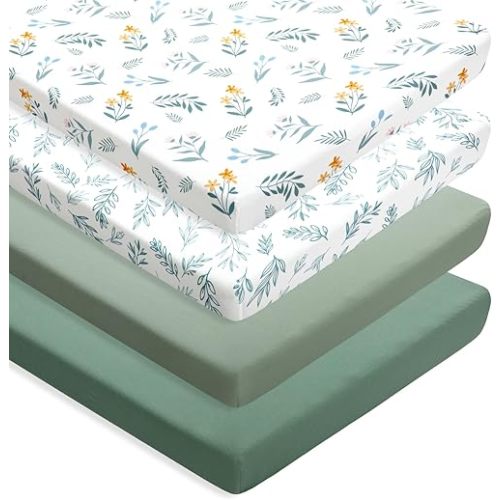 4 Pack Sage Green Fitted Nursery Sheets Breathable Neutral Unisex Baby Sheets for Boys or Girls with Leaf and Flower Design N Play Sheets Mini Crib Sheets