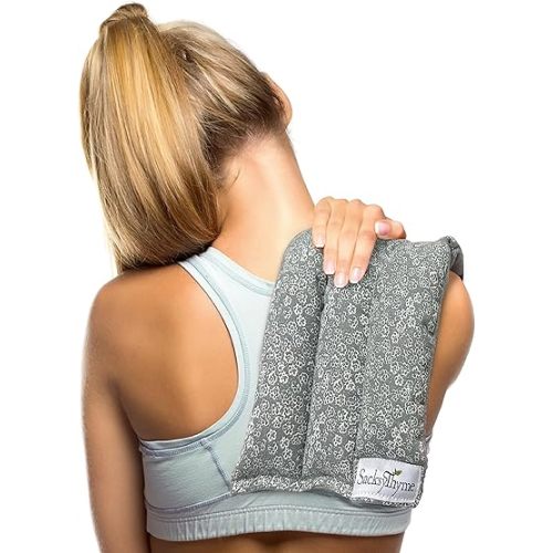 SacksyThyme Microwave Heating Pad for Back, Neck, Menstrual Cramps, Shoulders, Leg Pain Relief - Hot Moist Microwavable Therapy Pack - Gray Unscented Flaxseed Heat Pad Made in USA