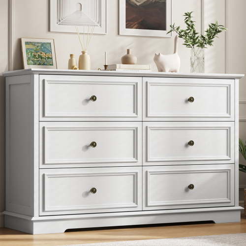 IDEALSOUL White Dresser,6 Drawer Dresser for bedroom,Retro Wood Storage Cabinet for Living Room