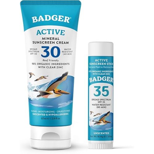 Badger Mineral Sunscreen Combo, SPF 30 Cream & SPF 35 Face Stick, Organic Ingredient with Mineral Zinc Oxide, Unscented Reef Safe Sunscreen Set, Broad Spectrum, Water Resistant, 2-Count