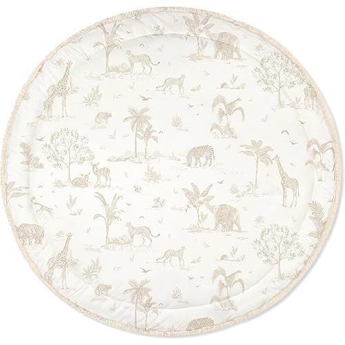 MakeMake Organics Organic Play Mat GOTS Certified Organic Cotton Nursery Floor Rug Washable Reversible Non Toxic Activity Mat Tummy Time Crawling Pad Thick Quilted (Round 48", Safari)