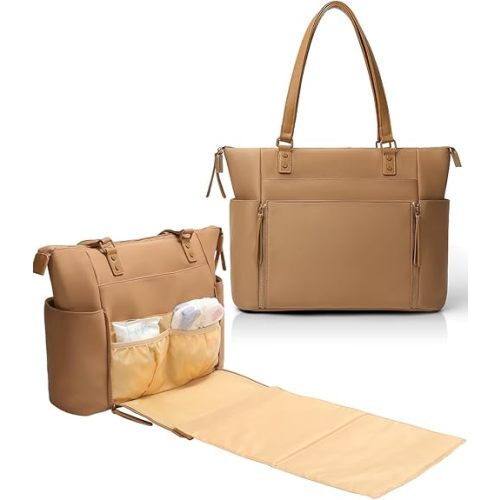 MOMINSIDE Neoprene Diaper Bag Tote, Diaper Bag Backpack with Changing Station,14 Pockets Large Capacity Travel Baby Bag for Mom, Convertible Diaper Tote, Brown