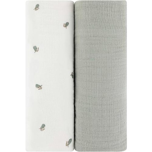 Ely's & Co. Muslin Swaddle Blanket 2-Pack — 100% Cotton Muslin Extra-Large Swaddle Blankets (47” x 47”) Solid + Printed (Sage Pear)