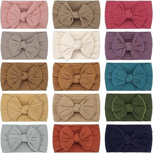 Ayesha Baby Girl Headbands with Bows - 15pcs Soft Nylon Elastics and Hair Accessories for Newborns, Toddlers, and Infants