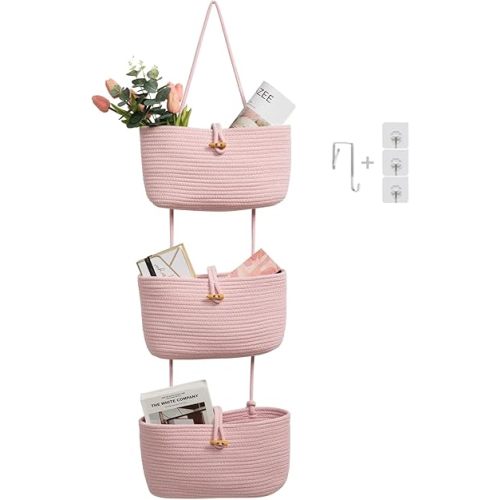 TeoKJ Over the Door Hanging Baskets with Button Strap, 3-Tier Woven Cotton Storage Organizer Bag, Wall-Mounted with Hook Decorative Hanging Nursery Baskets - Pink