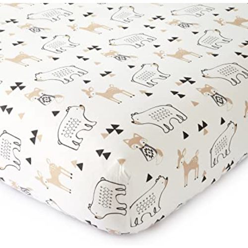 Levtex Baby - Bailey Bear Crib Fitted Sheet - Fits Standard Crib and Toddler Mattress - Tossed Bear, Fox and Deer - Black, Tan and White - Nursery Accessories - 100% Cotton