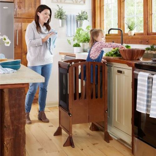 Guidecraft Contemporary Kitchen Helper Step Stool - Walnut: Kids' Adjustable, Foldable Wooden Learning Toddler Tower with Non-Slip Mat