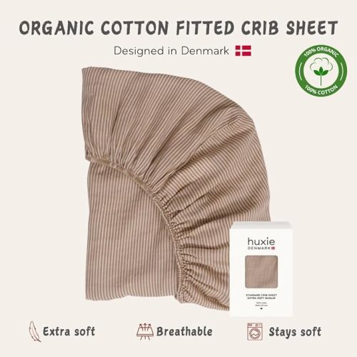 Crib Sheets – Organic Cotton Muslin Fitted Crib Sheet – Standard Size for Baby Boy and Baby Girl 28" x 52" Ultra-Soft and Breathable. (Natural Stripe)