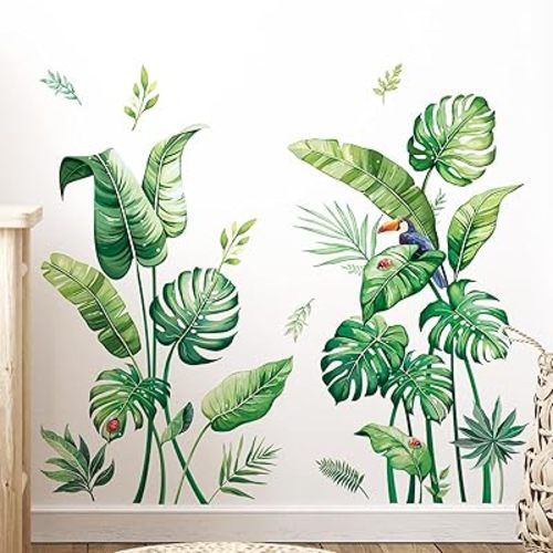 Tanlaby Tropical Palm Leaves Wall Stickers Large Monstera Leaf Wall Decals Green Plants Birds Peel and Stick Art Decor for Living Room Bedroom Office TV Background