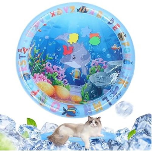 2024 Upgrade Thickened Water Sensor Play Mat for Cats, New Water Sensory Playmat with Fish for Pet Play Water Sensor Mat for Kids, Interactive Cat Water Play Mat Feel Cool Comfort (Blue#A1)