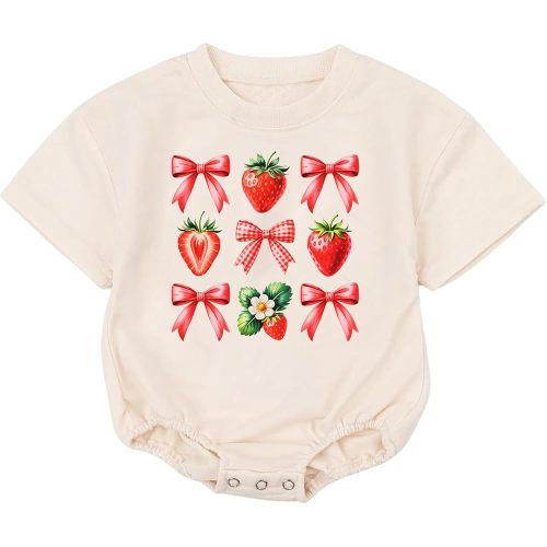 Sweet Coquette Bow and Strawberry Baby Romper – First Birthday Outfit, Cute Bubble Romper Romper, Gift For Baby Girls