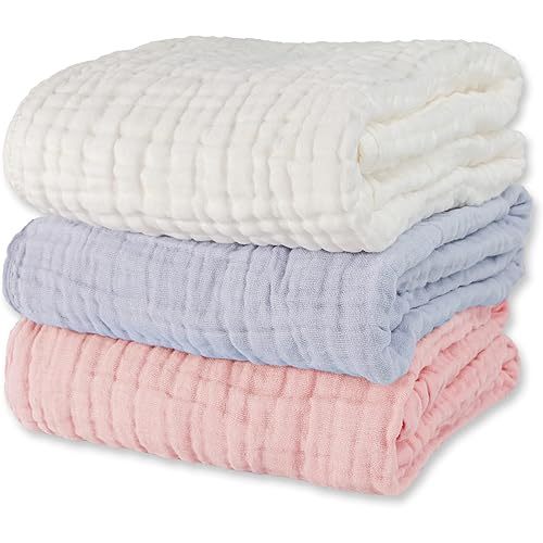 Muslin Baby Bath Towels Set 3 Pack Ultra Soft and Absorbent Baby Towels Infant Toddler Blanket Towel 6-Layer Natural Cotton Towel Suitable for Girl Boy 40x40 inches (White&Pink&Grey)