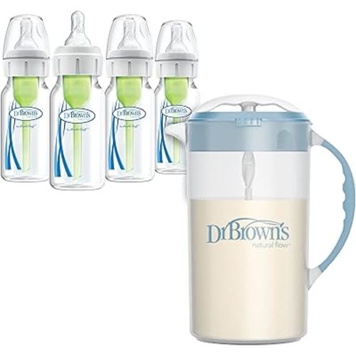 Dr. Brown's Baby Formula Mixing Pitcher 32oz, Blue with Anti-Colic Options+ Narrow Baby Bottles, 4 Pack, 4 oz