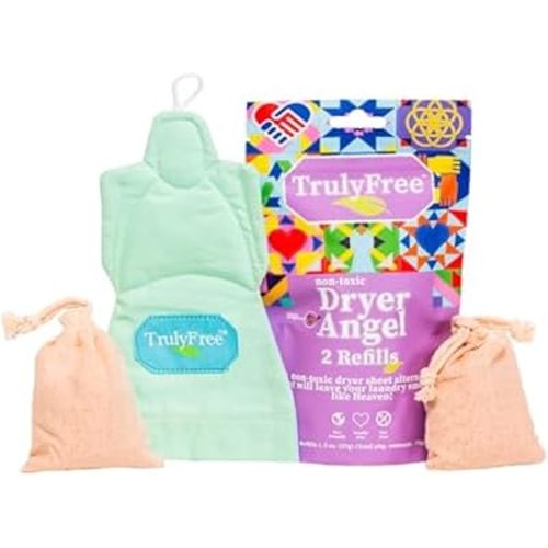 Truly Free Dryer Angel: Refillable Non-Toxic Dryer Sheet Alternative, Fabric Softener and Scent Booster - Includes: 1 Dryer Angel Cover with 2 Refills