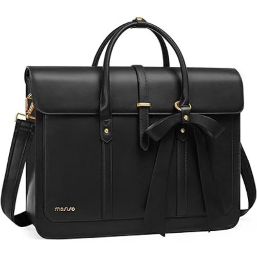 MOSISO Laptop Bag for Women, 15-15.6 inch PU Leather Laptop Shoulder Bags Convertible Backpack, 16 inch Messenger Bags Casual Handbag Work Briefcase Travel Computer Bag with Bowknot, Black