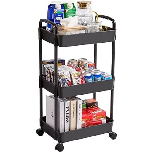 Vtopmart 3 Tier Rolling Cart with Wheels, Detachable Utility Storage Cart with Handle and Lockable Casters, Storage Basket Organizer Shelves, Easy Assemble for Bathroom, Kitchen, Black