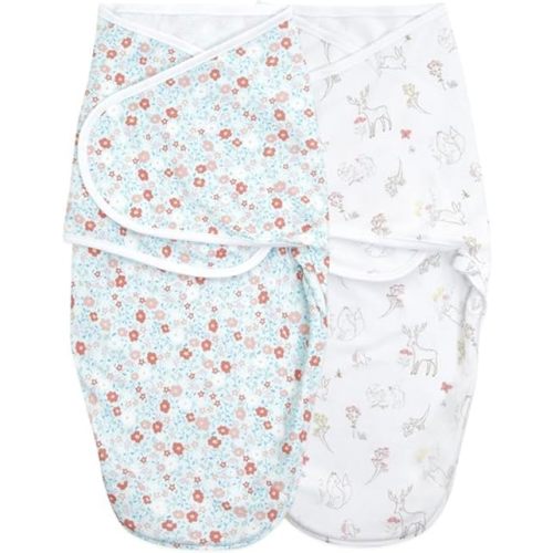aden + anais Essentials Easy Swaddle Wrap Quick Change with Bottom Zipper, Snug Cotton Knit Baby Wrap Swaddle Blanket for Newborns, TOG 1.0, 2 Pack, Fairy Tale Flowers, 0-3 Months, Small/Medium