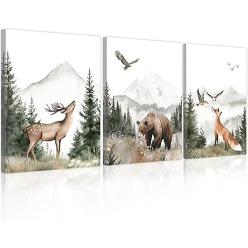 Nursery Wall Art Wild Woodland Animals Wall Decor Deer Bear Fox Watercolor Pictures Paintings Prints Adventure Theme Canvas Posters for Boys Bedroom Girls Living Room 12x16 inches 3Pcs Framed