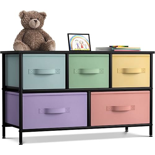 Sorbus Dresser with 5 Drawers - Furniture Storage Chest for Kid’s, Teens, Bedroom, Nursery, Playroom, Clothes, Toys - Steel Frame, Wood Top, Fabric Bins (Multi Color/Black)