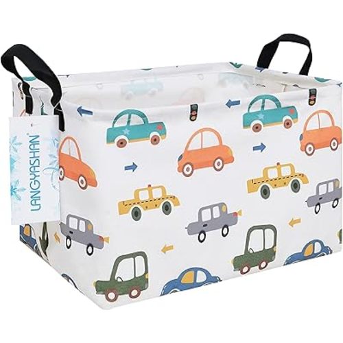 LANGYASHAN Rectangular Storage Bin Collapse Canvas Fabric Cartoon Storage Basket with Handles for Organizing Home Kitchen Boys and Girls Toys Office Closet Shelf Baskets(Rec Color Cars)