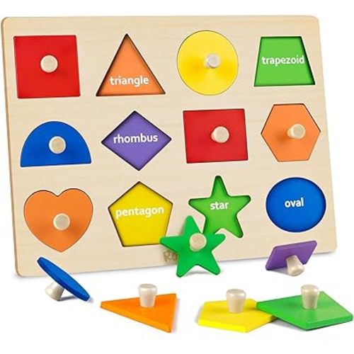 Roberly Shape Wooden Puzzles for Toddlers 1-3, Montessori Toys Peg Puzzle Geometric Color Matching Board for Girls Boys 12-18-24 Months Preschool Learning Educational Toys Birthday Gifts for Kids