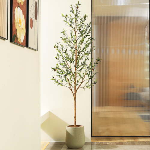 DR.Planzen 7 feet Artificial Olive Tree Indoor, Tall Faux Olive Tree in Black Plastic Pot, Artificial Plants with Natural Wood Trunk and Lifelike Fruits for Home Office Decor
