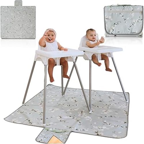 Baby Splat Mat for Under High Chair - Foldable Baby Mat for Floor - Waterproof Floor Mat with Zippered Pocket & Handle - Anti-Slip Baby High Chair Mat for Floor - Washable Splat Mat