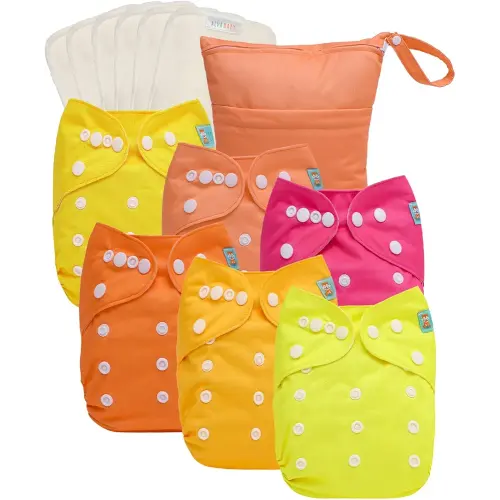 ALVABABY 2.0 AWJ Lining Cloth Diaper with Tummy Panel for Babies,6 Pack Diapers and 6 Inserts with One Wet Dry Bag, Adjustable Washable Reusable for Baby Girls and Boys 6WJT01A-L