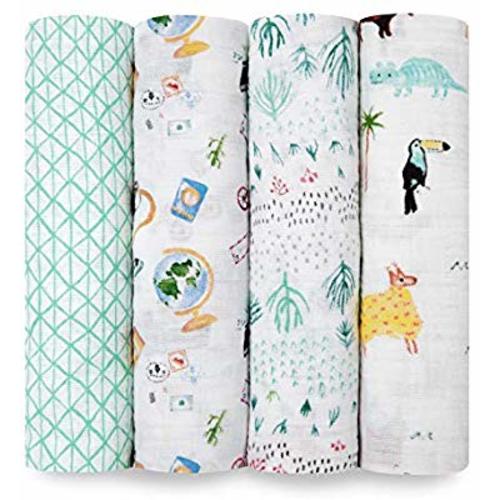aden + anais Swaddle Blanket, Boutique Muslin Blankets for Girls & Boys, Baby Receiving Swaddles, Ideal Newborn & Infant Swaddling Set, 4 Pack, Around The World - Around the World