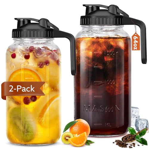 Mihlapi Glass Pitcher with Lid, 64 OZ Mason Jar Pitcher Double Leak Proof, 2 Quart Breast Milk Storage Containers for Fridge, Wide Mouth Glass Jar for Sun Tea, Juice, Cold Brew Coffee