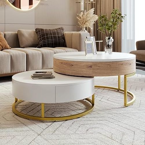 Modern Lift-Top Nesting Coffee Table with Drawers Hidden Compartment Adjustable Storage Shelf, Furniture for Living Room
